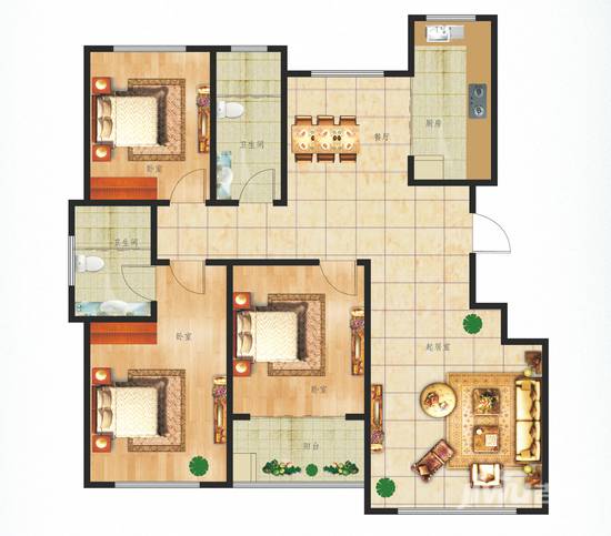 地矿家园3室2厅2卫135.5㎡户型图