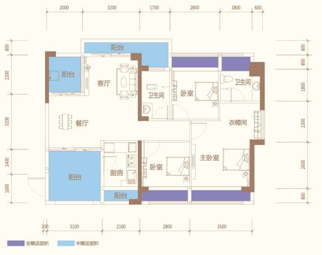 方略城市广场3室2厅2卫106.8㎡户型图