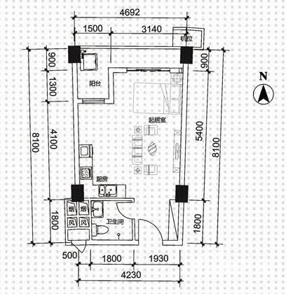 钱隆樽品三期波士堂1室1厅1卫43.7㎡户型图