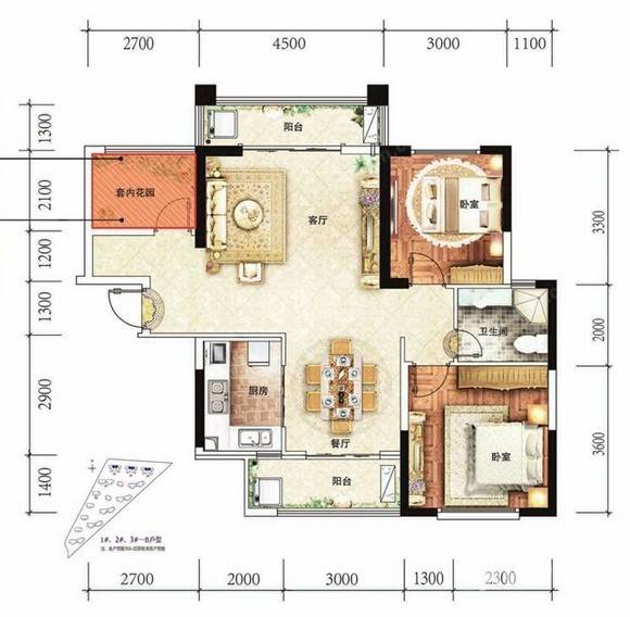 邦盛水岸御园2室2厅1卫98㎡户型图