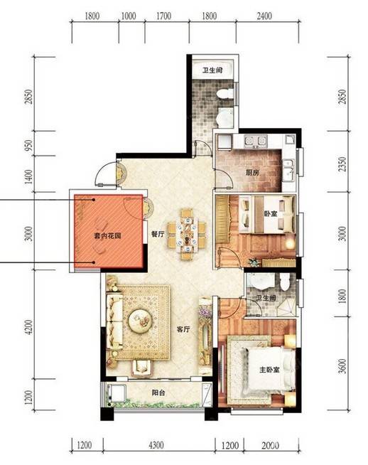 邦盛水岸御园2室2厅2卫98㎡户型图