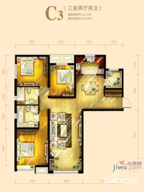 华远铭悦世家2室2厅2卫141.6㎡户型图