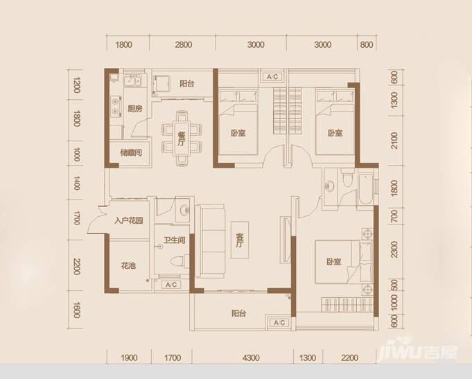 富兴汇中央3室2厅1卫128㎡户型图