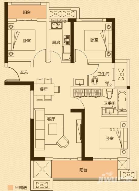 绿地海外滩3室2厅2卫101.6㎡户型图