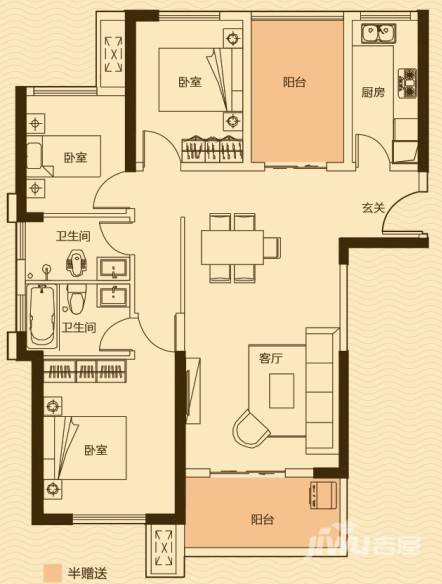 绿地海外滩3室2厅2卫114.4㎡户型图