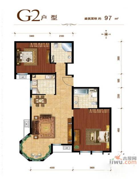 建邦华庭2室1厅2卫97㎡户型图