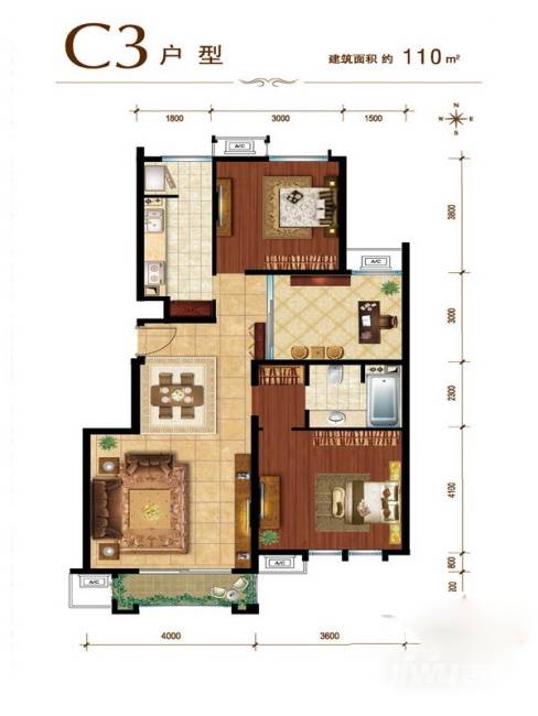 建邦华庭2室2厅1卫110㎡户型图