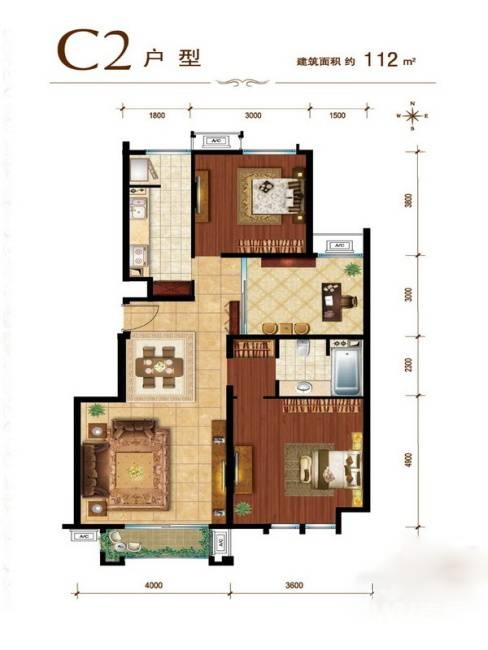 建邦华庭2室2厅1卫112㎡户型图