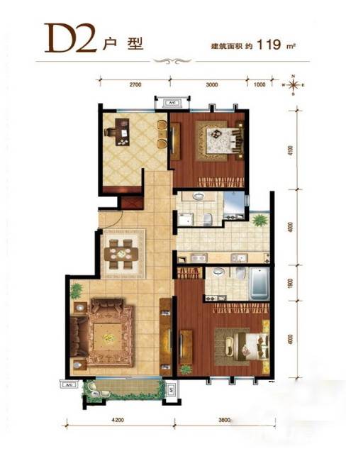 建邦华庭3室2厅1卫119㎡户型图