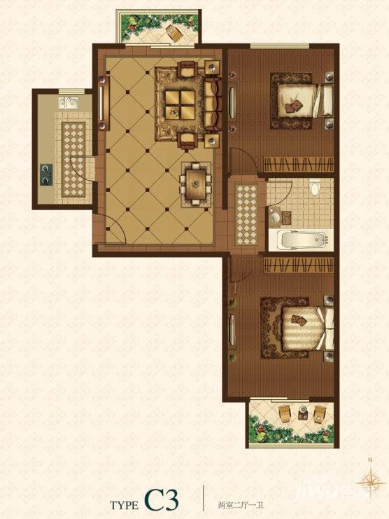 翡翠城第二季2室2厅1卫97.2㎡户型图