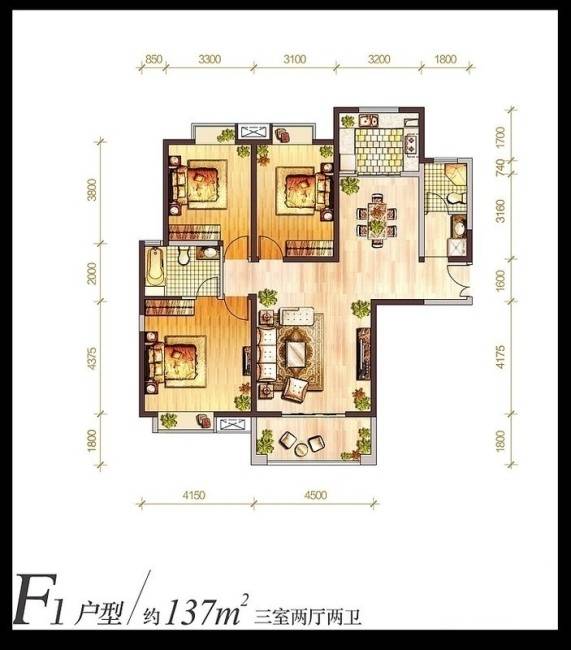 曲江华著中城3室2厅2卫137㎡户型图