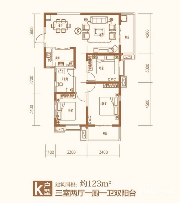 幸福美地3室2厅1卫123㎡户型图