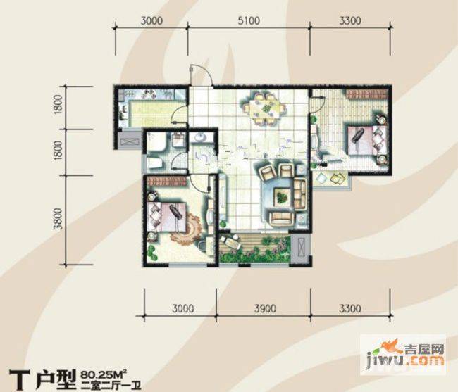 奥林匹克花园2室2厅1卫80.3㎡户型图