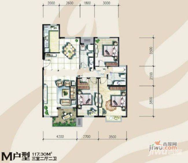 奥林匹克花园3室2厅2卫117.3㎡户型图