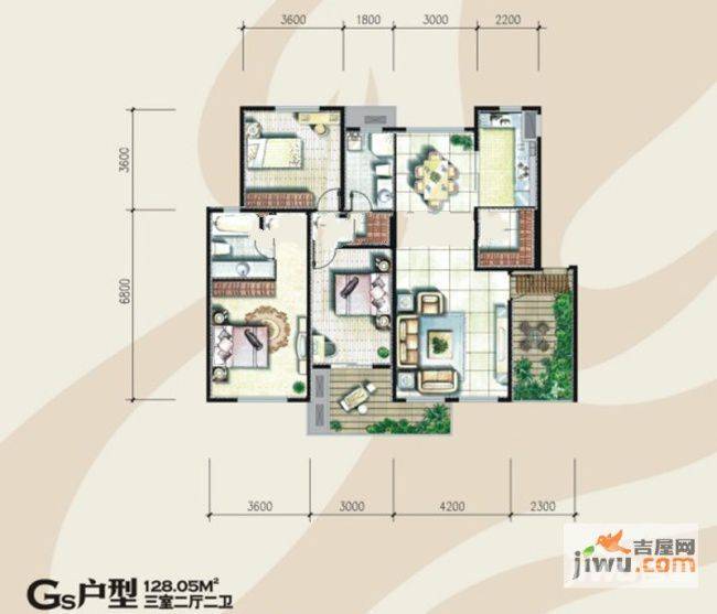 奥林匹克花园3室2厅2卫128.1㎡户型图