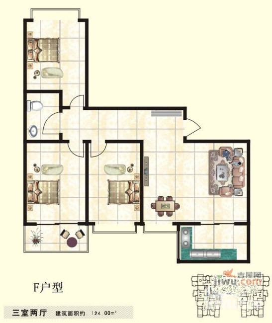 百合花园二期3室2厅1卫124㎡户型图