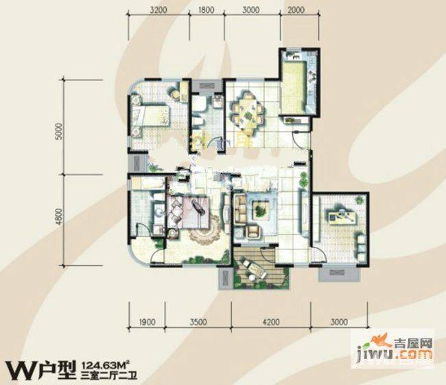 奥林匹克花园3室2厅2卫124.6㎡户型图