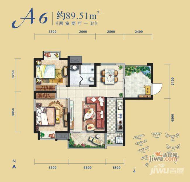 御锦城2室2厅1卫89.5㎡户型图