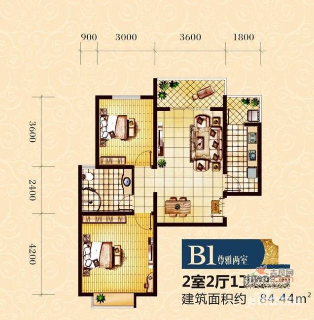 金色花语城2室2厅1卫88.4㎡户型图