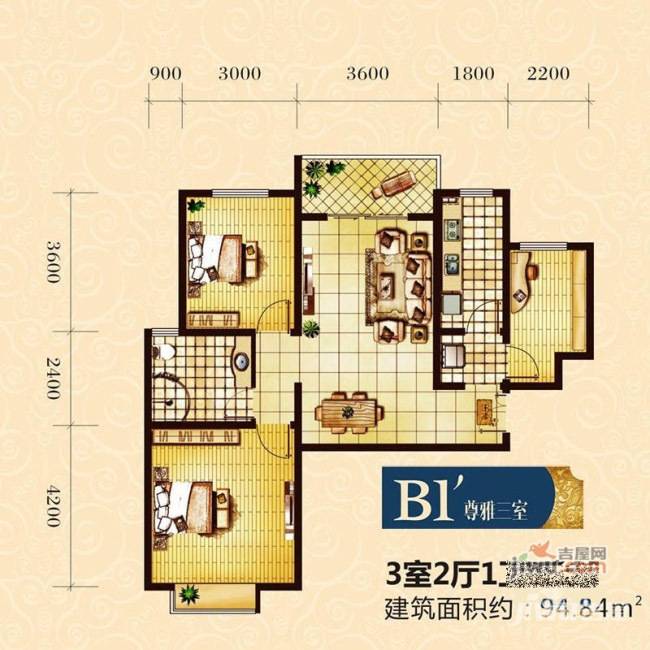 金色花语城3室2厅1卫94.8㎡户型图