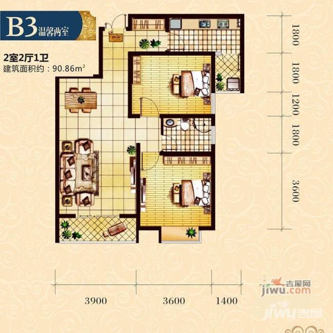 金色花语城2室2厅1卫90.9㎡户型图