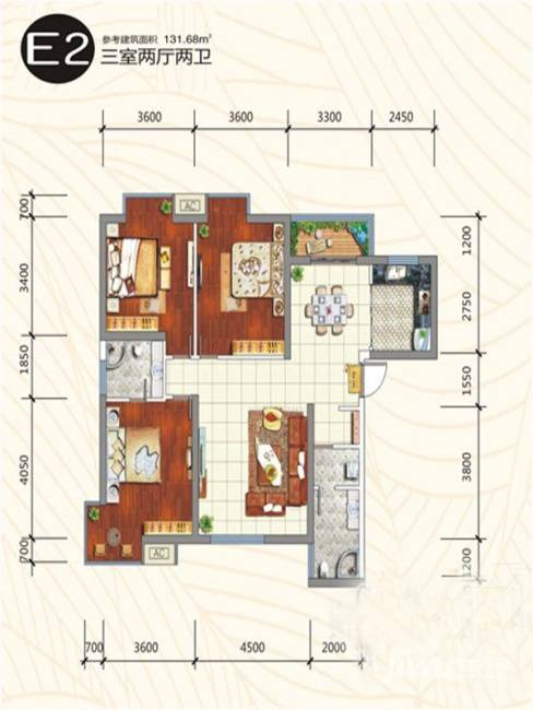 东泰城市之光3室2厅2卫131.7㎡户型图