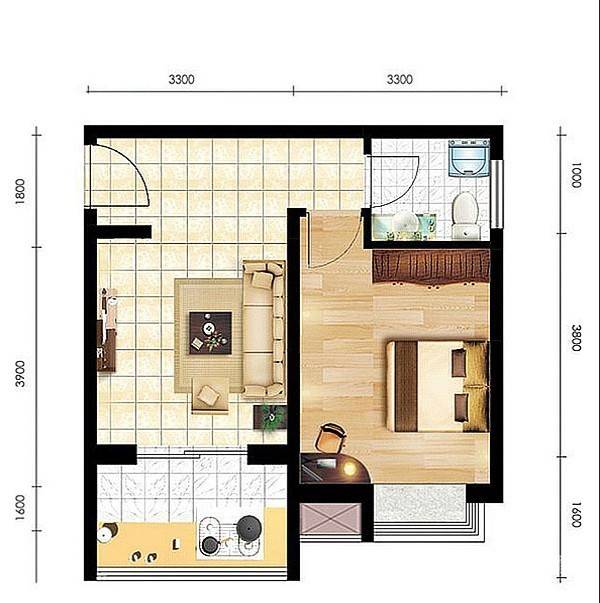 天娇苑幸福城1室1厅1卫51.3㎡户型图