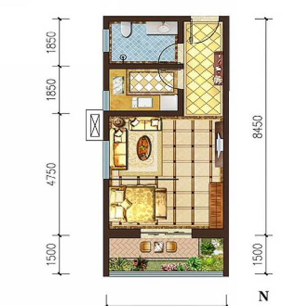 天娇苑幸福城1室1厅1卫45.1㎡户型图