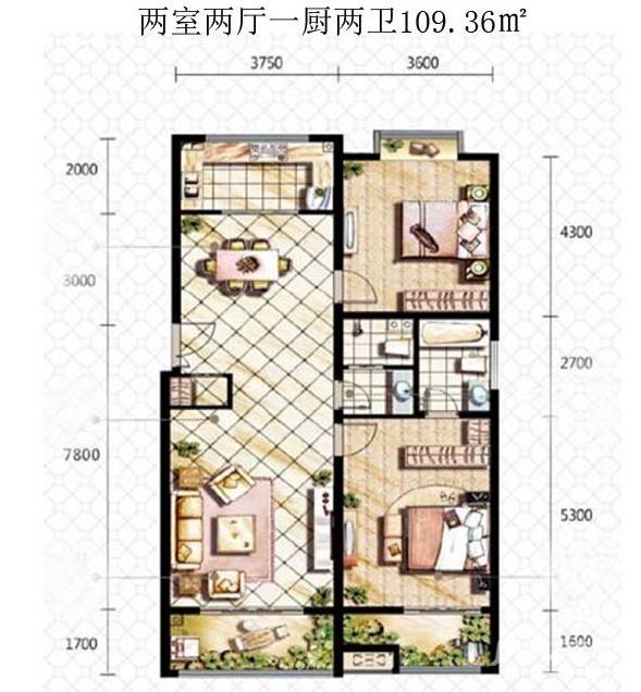 天娇苑幸福城2室2厅2卫109.4㎡户型图