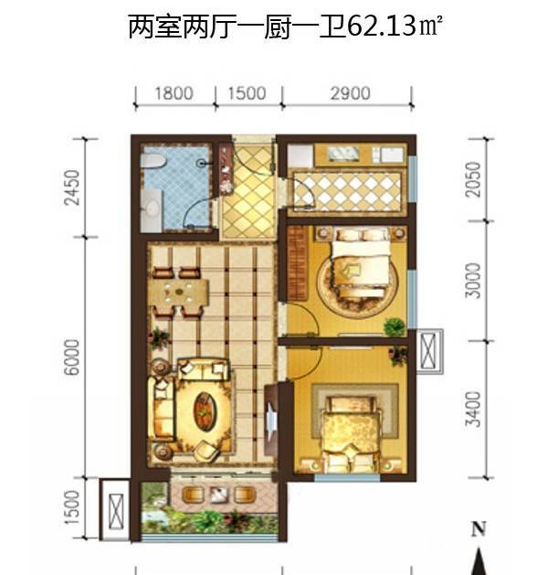 天娇苑幸福城2室2厅1卫62.1㎡户型图