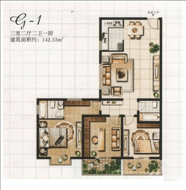 美地尚城3室2厅2卫142.3㎡户型图