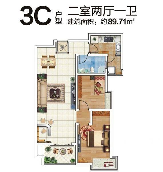 西溪里象牙湾2室2厅1卫89.7㎡户型图