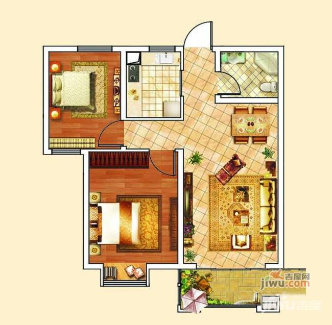 文一云河湾2室2厅1卫74㎡户型图