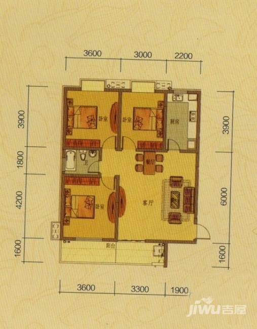 锦绣豪庭3室2厅1卫95.2㎡户型图