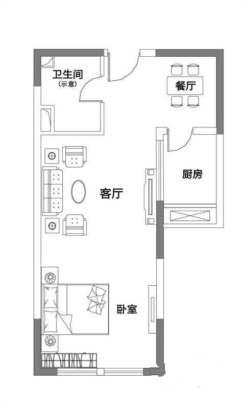 创智坊1室2厅1卫55㎡户型图