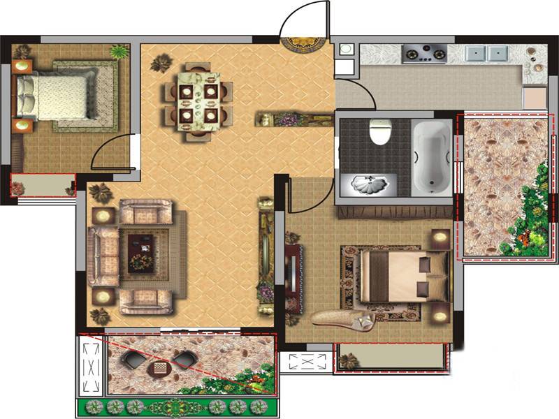 江报翰林世家2室2厅1卫90㎡户型图