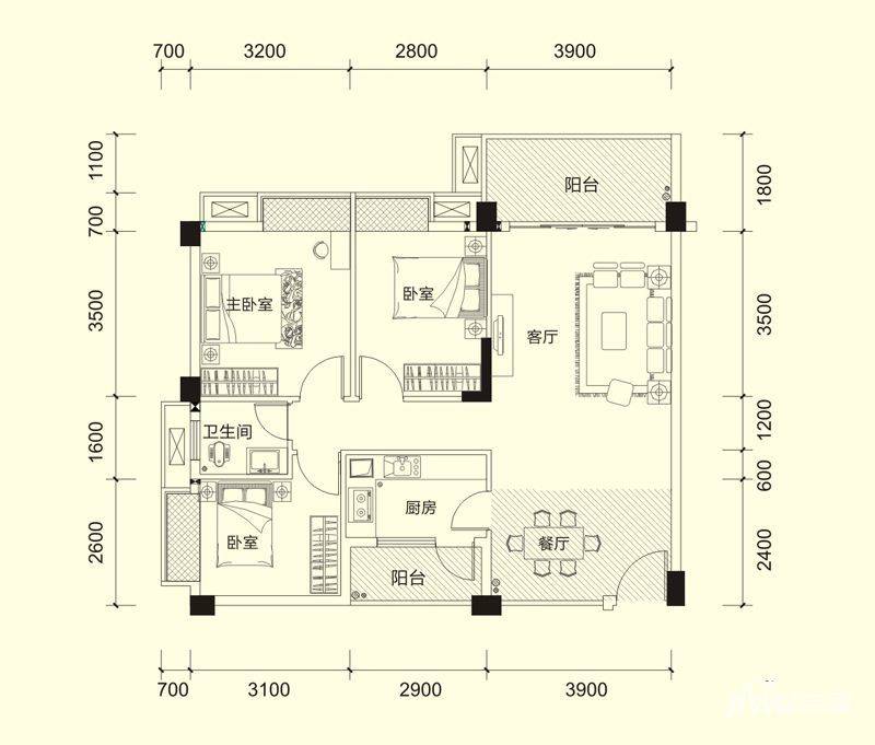 宏新蜜糖小城3室2厅1卫85㎡户型图