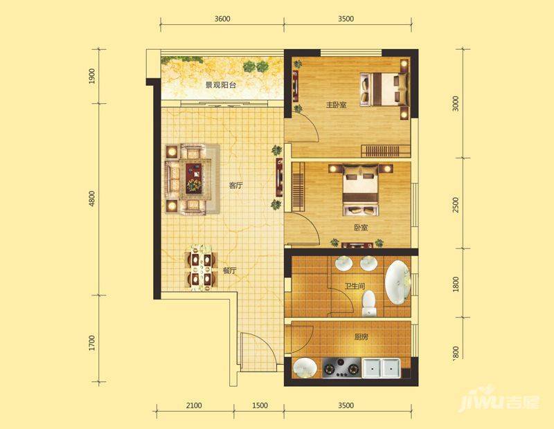 府河名居2室2厅1卫69.1㎡户型图