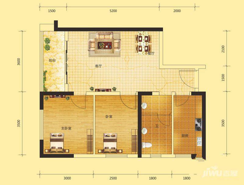 府河名居2室2厅1卫68.8㎡户型图