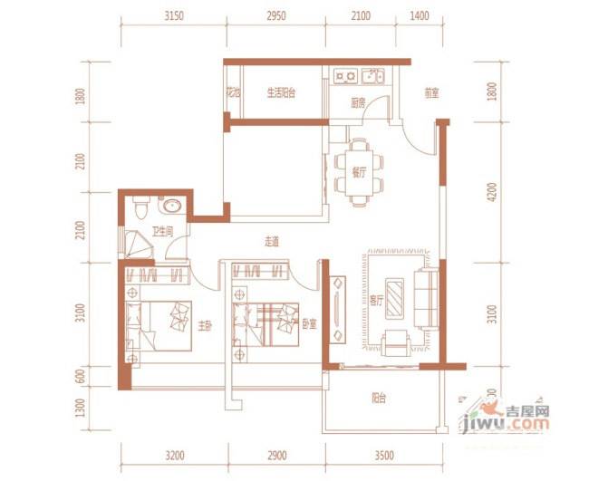 泊郡雅苑2室2厅1卫84㎡户型图