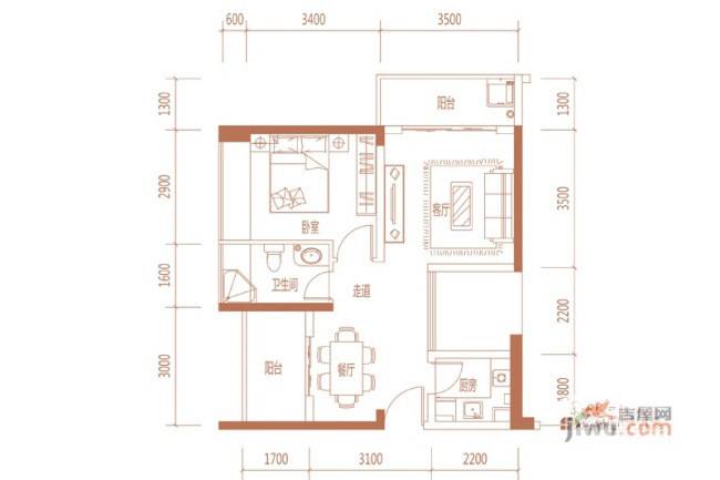 泊郡雅苑1室2厅1卫59㎡户型图