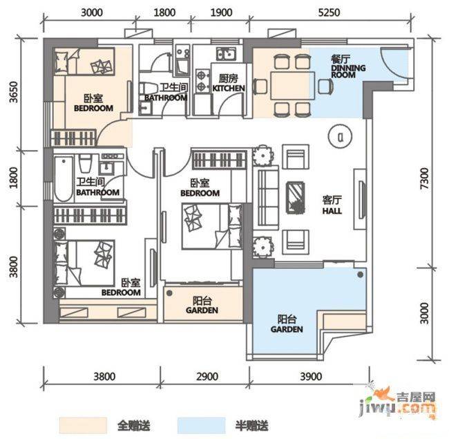 DADA的草地3室2厅2卫90.8㎡户型图