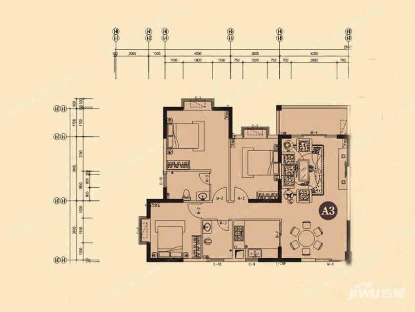 海富豪庭3室2厅2卫126.9㎡户型图