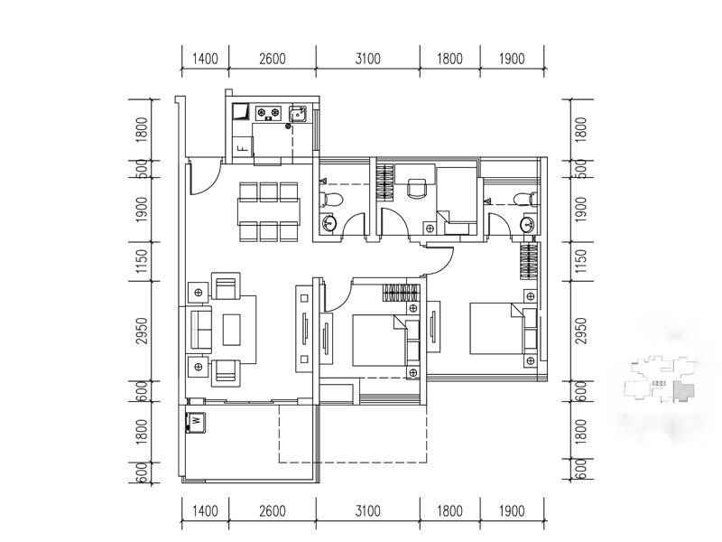 海心汇福园3室2厅2卫88㎡户型图