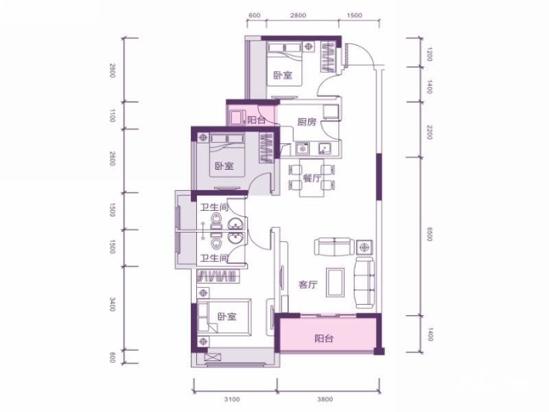 旭源怡景轩项目3室2厅2卫87㎡户型图