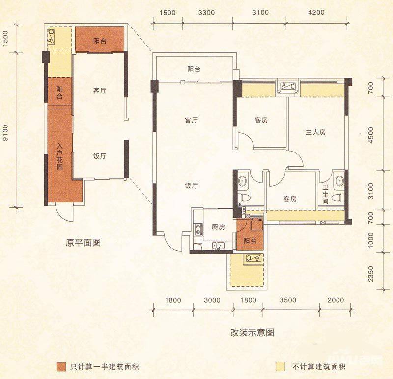 泓基城品3室2厅2卫116.3㎡户型图