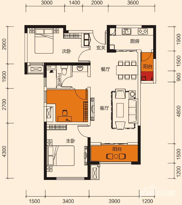 中海国际社区3室2厅1卫98㎡户型图