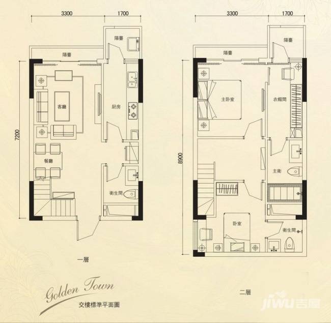 汇乔金色名都2室2厅3卫101.8㎡户型图