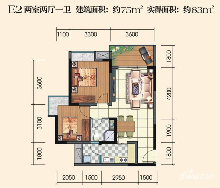 熙水岸2室2厅1卫75㎡户型图