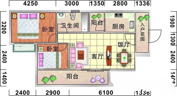 盈富馨园2室2厅1卫78㎡户型图